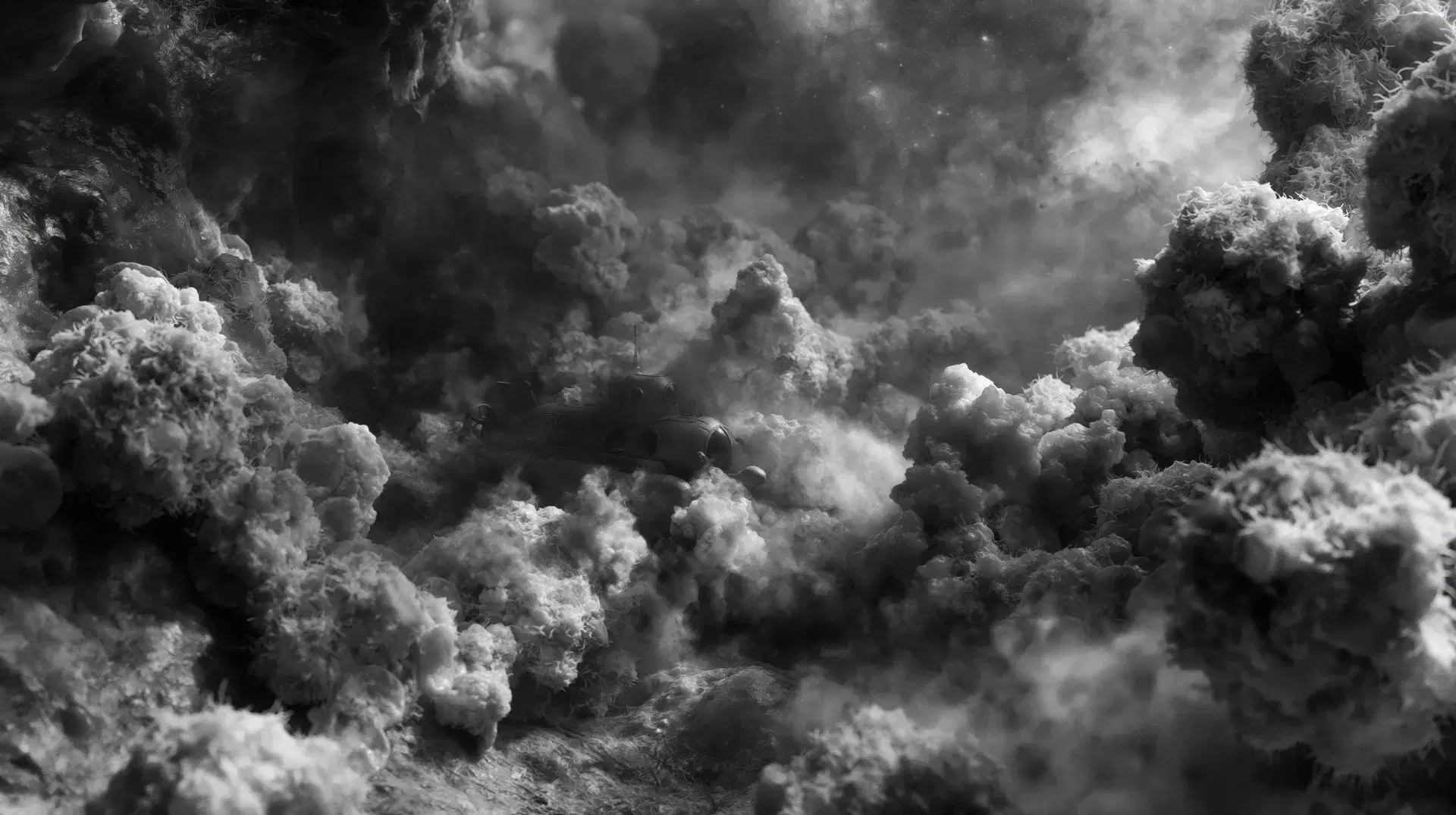 B/W volcanic cloud boil, full-frame texture