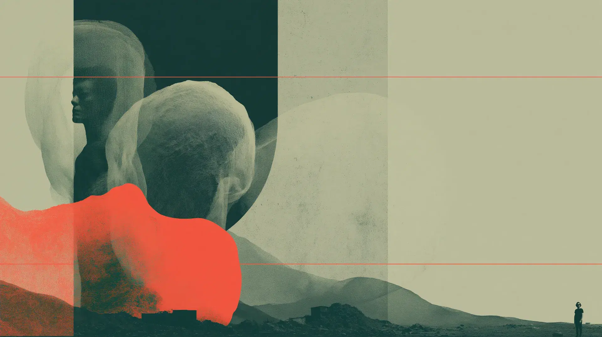 Abstract collage: red silhouette hand, sage fields, tiny walker