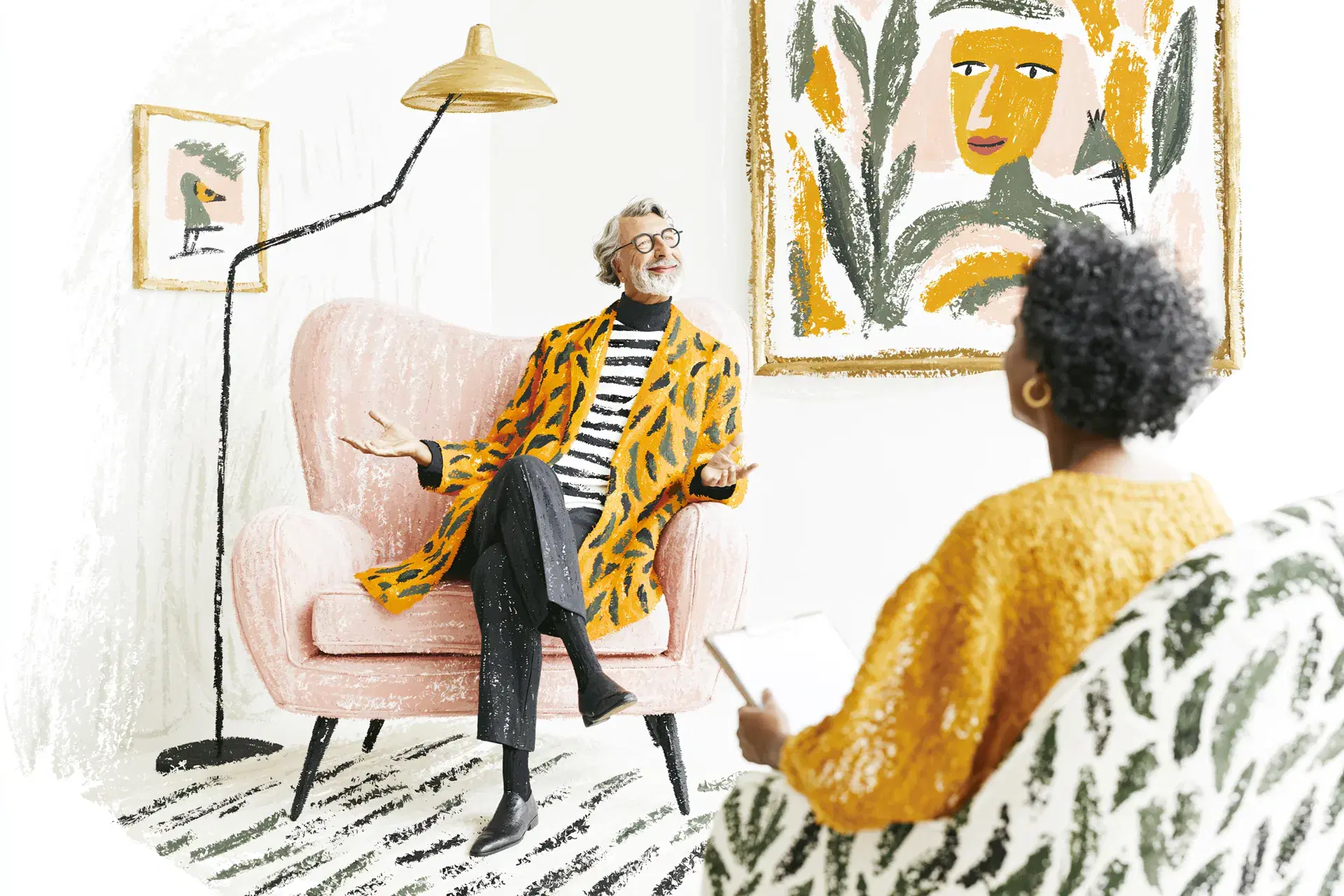 Warm illustrated interview scene — two people, lamp, art wall