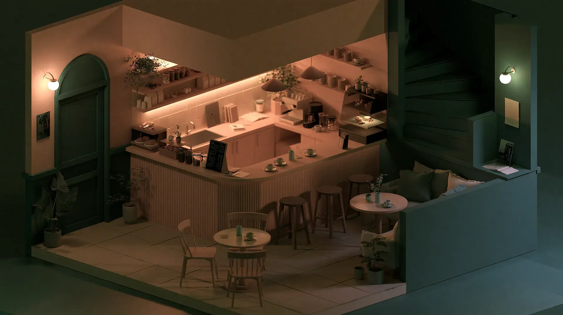 Isometric cosy café interior, dark 3D render