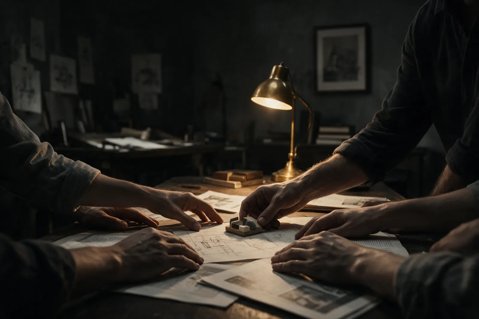 Several hands meeting over a dark worktable under a warm lamp — one team, coming together